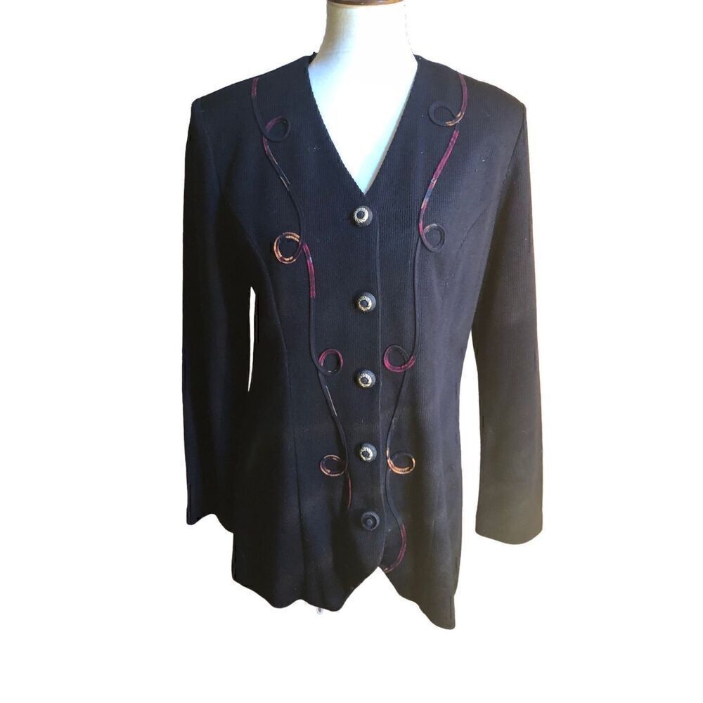 Vintage Jeffrey & Dara Black ribbed cardigan with embroidery pattern and design